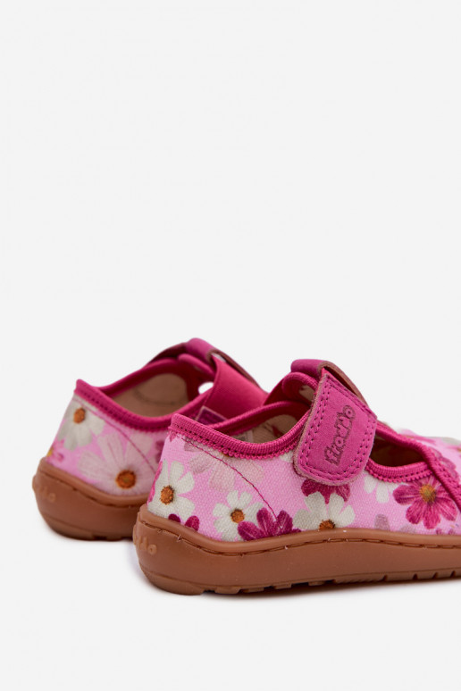 Chaussons Puéril avec attaches adhésives avec des fleurs Barefoot Froddo Cannvas G1700439-4 couleur rose