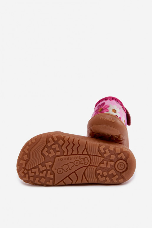 Chaussons Puéril avec attaches adhésives avec des fleurs Barefoot Froddo Cannvas G1700439-4 couleur rose