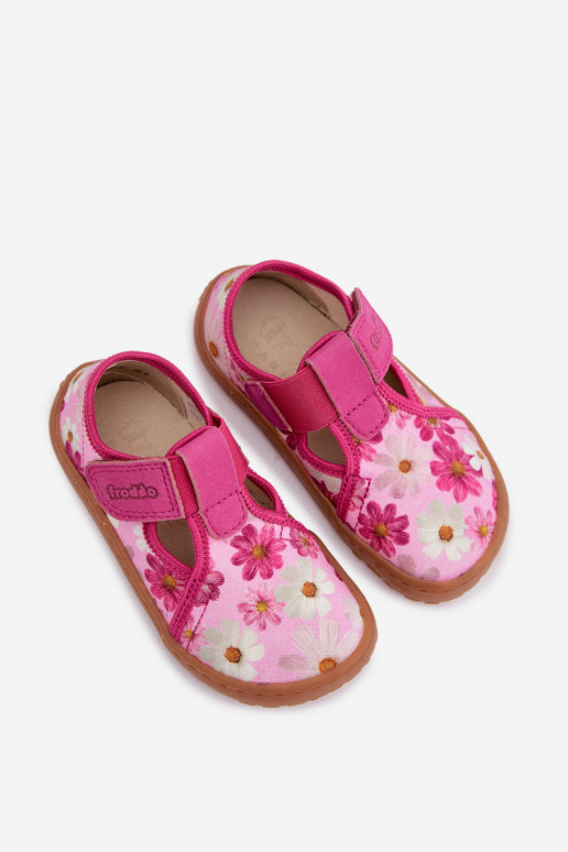 Chaussons Puéril avec attaches adhésives avec des fleurs Barefoot Froddo Cannvas G1700439-4 couleur rose