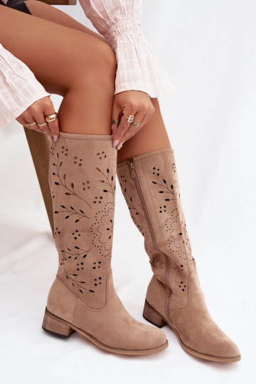 Bottes hautes pour femmes chaki avec éléments ajourés Helinna