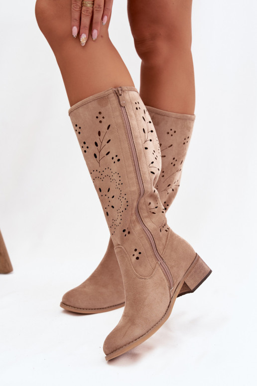Bottes hautes pour femmes chaki avec éléments ajourés Helinna
