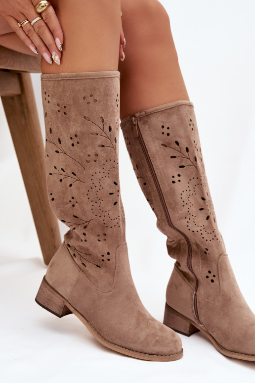 Bottes hautes pour femmes sable avec éléments ajourés Helinna