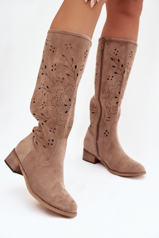 Bottes hautes pour femmes sable avec éléments ajourés Helinna