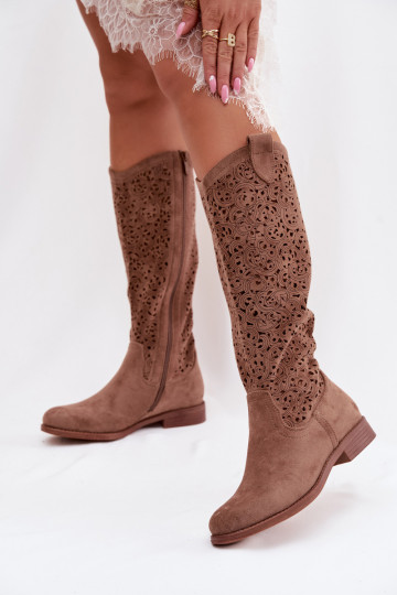 Bottes longues pour femmes avec éléments ajourés et larges talons S.Barski HY61-8023, couleur marron 2