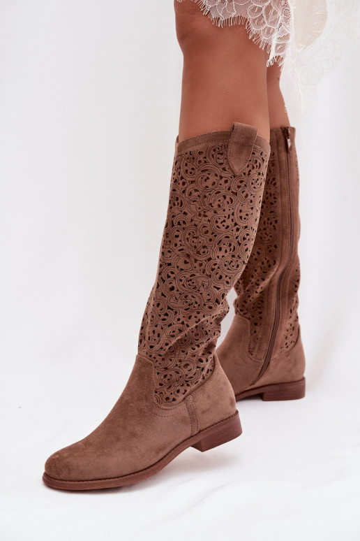avec des éléments ajourés bottes pour femmes avec des talons larges S.Barski HY61-8023 marron