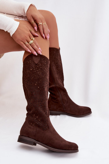 Bottes longues pour femmes avec éléments ajourés et larges talons S.Barski HY61-8023, couleur chocolat