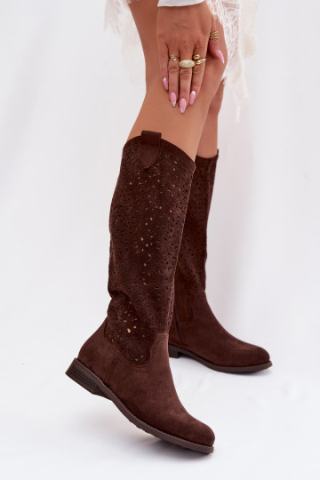 avec des éléments ajourés bottes pour femmes avec des talons larges S.Barski HY61-8023 CzekoladoÀe 2