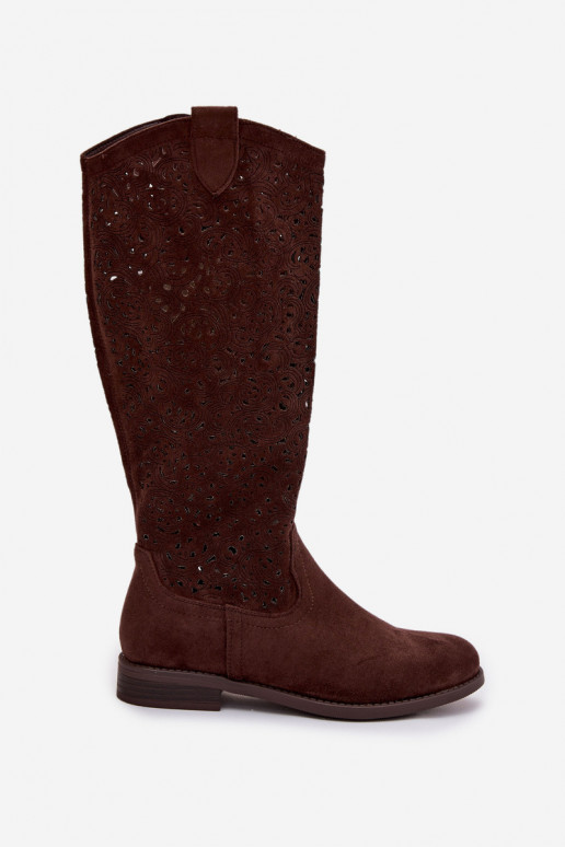 avec des éléments ajourés bottes pour femmes avec des talons larges S.Barski HY61-8023 CzekoladoÀe