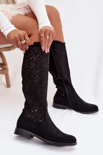 Bottes longues pour femmes avec éléments ajourés et larges talons S.Barski HY61-8023, couleur noire