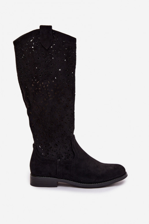 avec des éléments ajourés bottes pour femmes avec des talons larges S.Barski HY61-8023 couleur noire