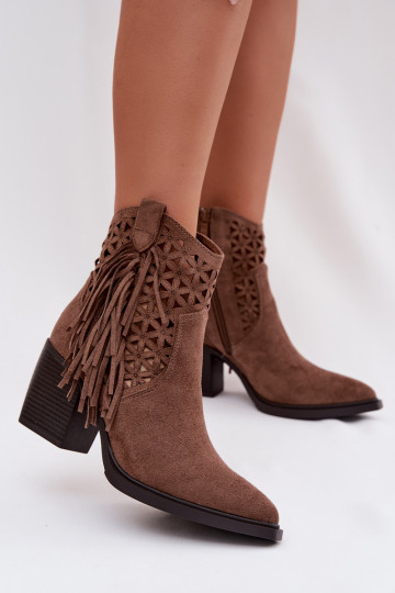 Bottines ajourées de style cowboy pour femmes avec talons et franges couleur marron Calissey