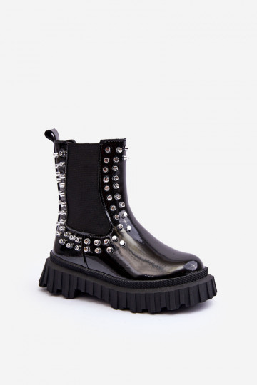Bottines stylées pour enfants avec effet verni décorées de cristaux de roche noires Adelie