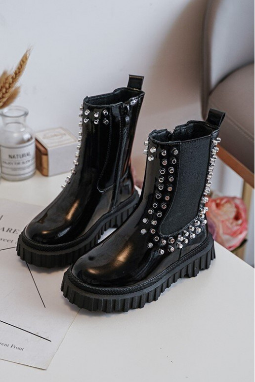 avec effet vernis bottes élégantes Puéril Décoré Avec des strass couleur noire Adelie