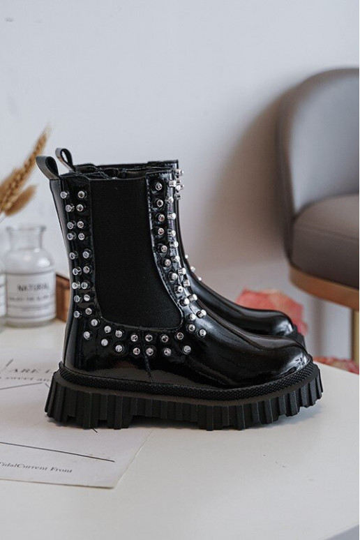 avec effet vernis bottes élégantes Puéril Décoré Avec des strass couleur noire Adelie