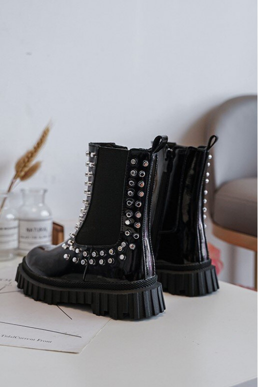 avec effet vernis bottes élégantes Puéril Décoré Avec des strass couleur noire Adelie
