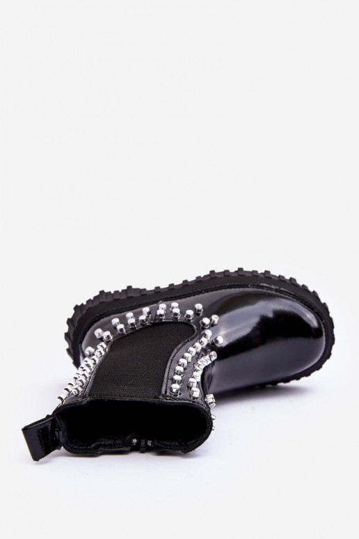 avec effet vernis bottes élégantes Puéril Décoré Avec des strass couleur noire Adelie