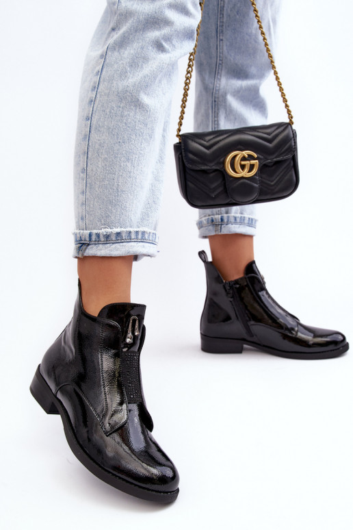 avec effet vernis Bottes pour femmes avec des talons larges réchauffer couleur noire S.Barski HY75-120 couleur noire