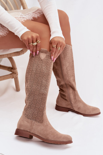 Bottes longues pour femmes avec éléments ajourés et larges talons S.Barski HY61-8022, couleur sable