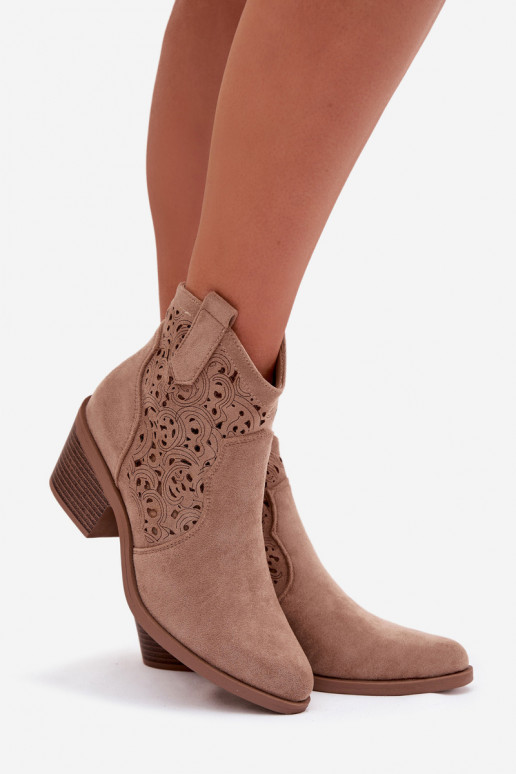 Bottines ajourées pour femmes de style cowboy avec talons S.Barski HY61-8012, couleur sable