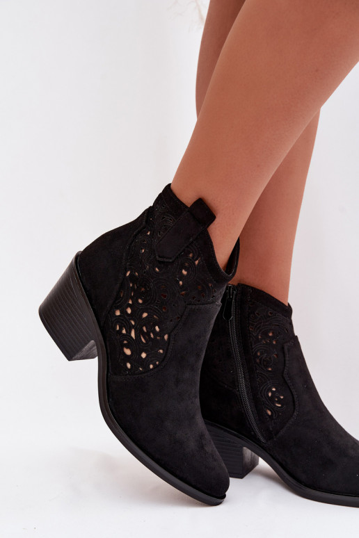 Bottines ajourées pour femmes style cowboy à talons S.Barski HY61-8012 noires