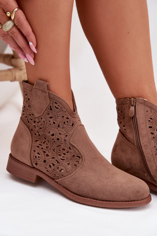 Bottines ajourées pour femmes à larges talons S.Barski HY61-8026 couleur brune