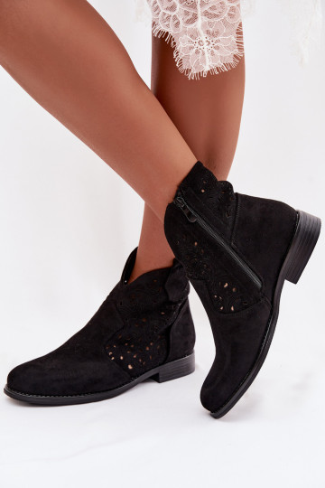 Bottines ajourées pour femmes à larges talons S.Barski HY61-8026 noires 2