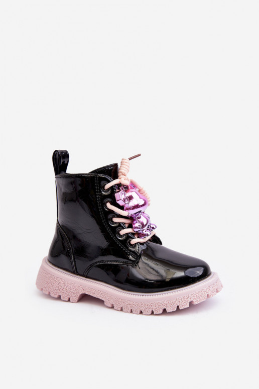 avec effet vernis Bottes Puéril réchauffer avec des ornements Noir et-couleur rose Bunnyjoy