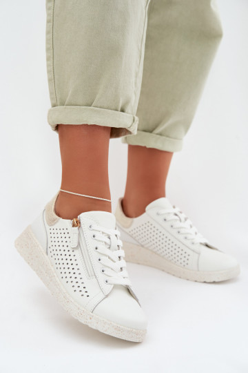 Peau chaussures Chaussures modèle baskets Féminin avec fermetures éclair Blanc-couleur dorée Kalorinne 2