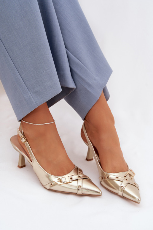 Sandales pour femmes avec des talons fins avec des bandes I avec boucles couleur dorée Parina