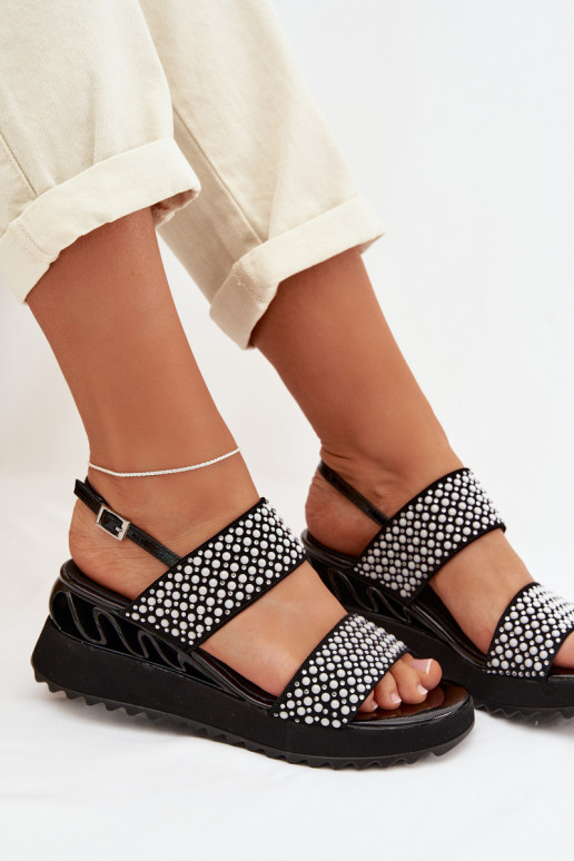 Peau Sandales en daim Avec décoration D&A CR61-3067 couleur noire