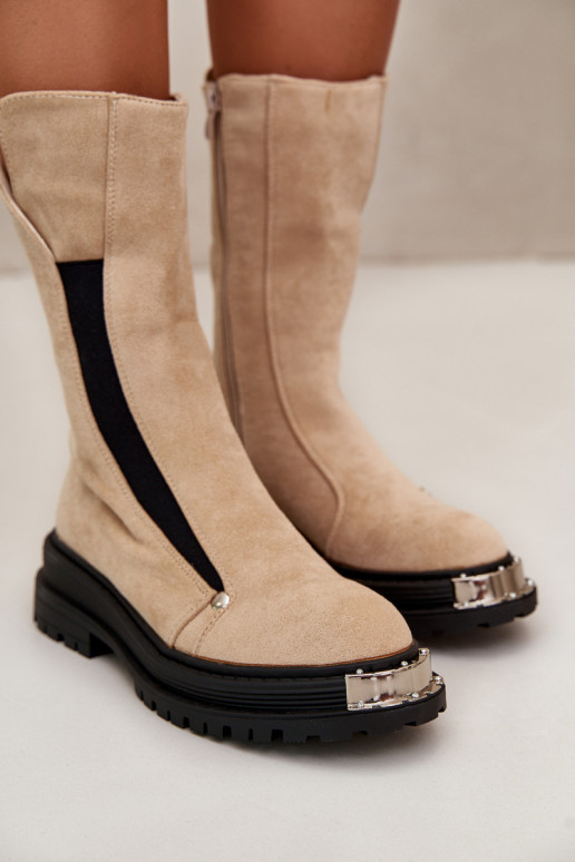 en daim réchauffer Bottes avec des talons larges couleur ivoire Palimra