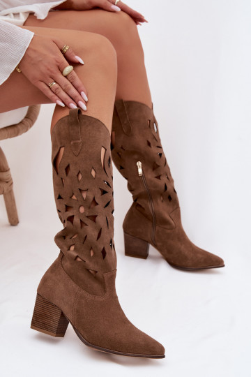 Bottes montantes en cuir suédé avec éléments ajourés Zazoo 3167 couleur sable