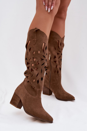 Bottes montantes en cuir suédé avec éléments ajourés Zazoo 3167 couleur sable 2