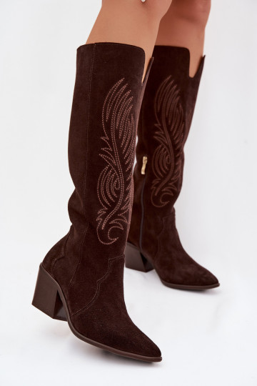 Bottes longues en daim style cowboy avec talons Zazoo 3152 couleur chocolat 2