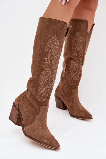 Bottes longues en daim style cowboy avec talons Zazoo 3152 couleur sable