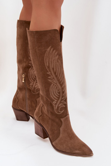 Bottes longues en daim style cowboy avec talons Zazoo 3152 couleur sable 2