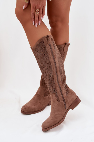 Bottes longues en cuir pour femmes avec éléments ajourés et larges talons S.Barski HY61-8022 couleur marron