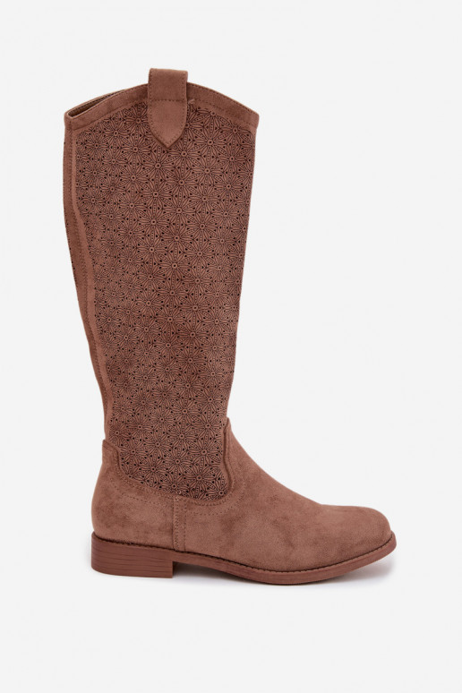 bottes pour femmes avec des éléments ajourés avec des talons larges S.Barski HY61-8022 marron