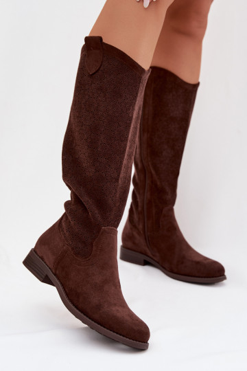 Bottes longues en cuir pour femmes avec éléments ajourés et larges talons S.Barski HY61-8022 couleur chocolat