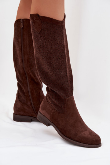 Bottes longues en cuir pour femmes avec éléments ajourés et larges talons S.Barski HY61-8022 couleur chocolat 2