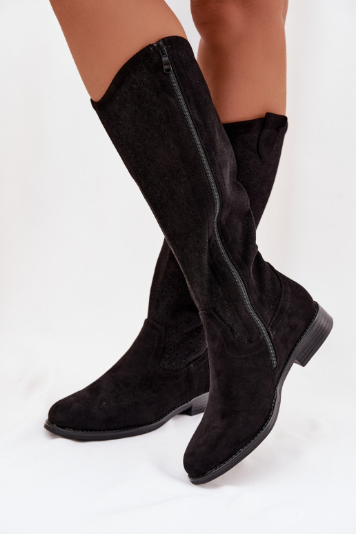 bottes pour femmes avec des éléments ajourés avec des talons larges S.Barski HY61-8022 couleur noire