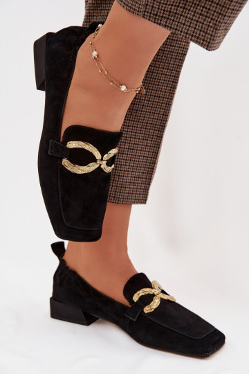 Mocassins en daim pour femmes avec détails dorés D&A CR61-3115 couleur noire