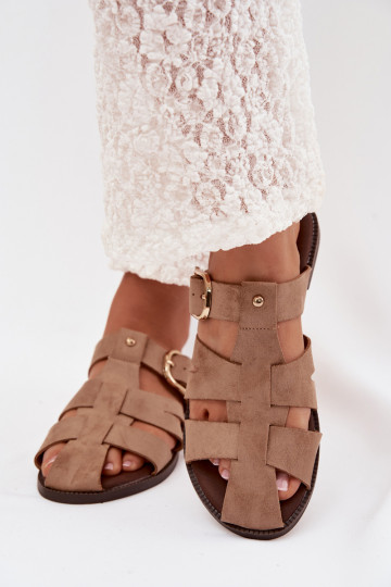 Chaussons pour femmes couleur sable avec talons larges et bandes dorées avec boucles Elzora