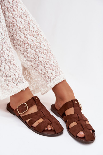 Chaussons pour femmes couleur marron avec talons larges et bandes dorées avec boucles Elzora