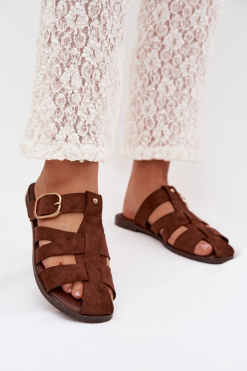 Chaussons pour femmes couleur marron avec talons larges et bandes dorées avec boucles Elzora 2