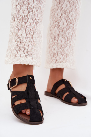 Chaussons pour femmes couleur noire avec talons larges et bandes dorées avec boucles Elzora 2