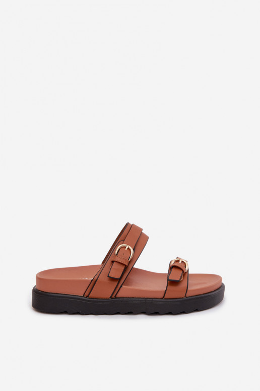 Pantoufles pour femmes avec une plateforme avec des bandes I couleur doréemi avec bouclesmi marron Rirea