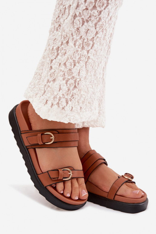 Pantoufles pour femmes avec une plateforme avec des bandes I couleur doréemi avec bouclesmi marron Rirea