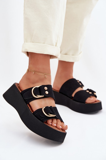Chaussons femme à plateforme et boucles dorées couleur noire Nelirae 2