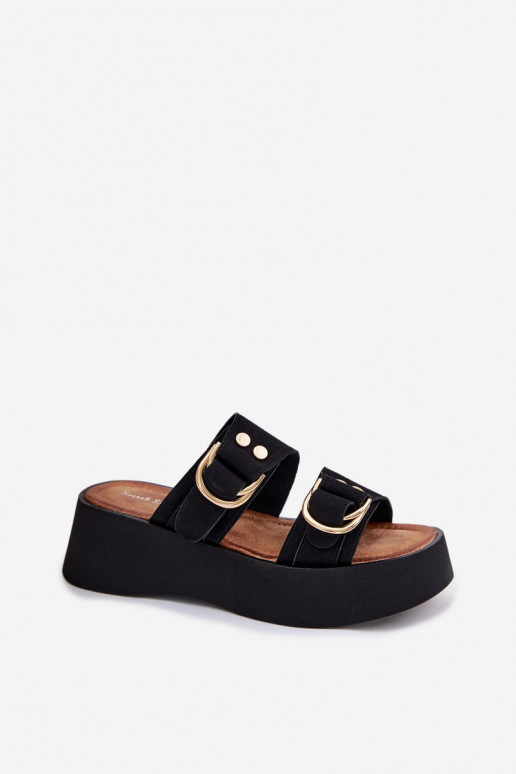 Pantoufles pour femmes avec une plateforme Ze couleur doréemi avec bouclesmi couleur noire Nelirae